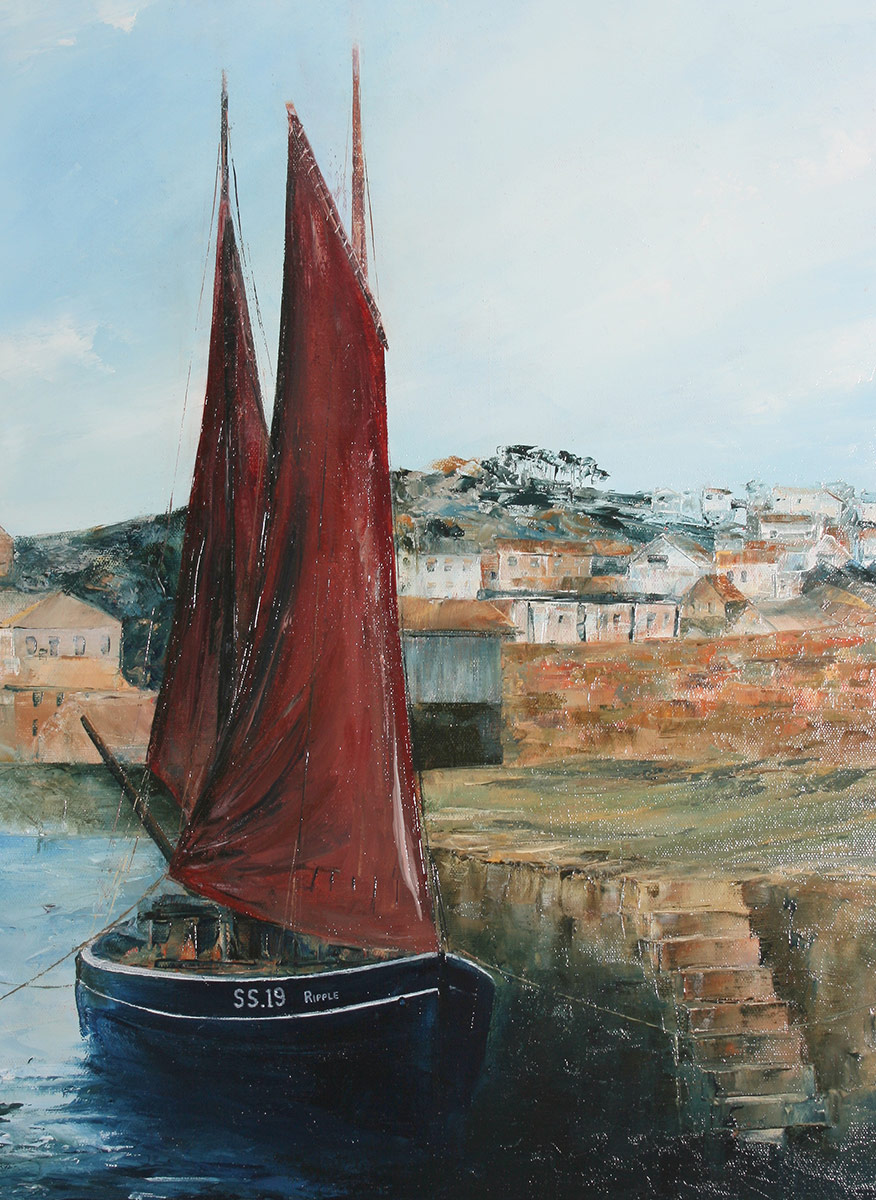 Cornish lugger in Newlyn. Original oil painting by Jan Rogers.