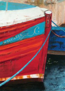 Wayfarer, an old wooden fishing boat. Original oil painting by Jan Rogers.