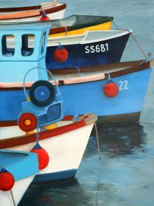 Colourful fishing boats. Original oil painting by Jan Rogers.