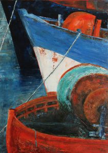 Newlyn fishing trawlers. Original oil painting by Jan Rogers.