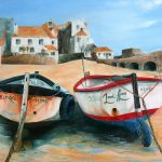 Two small fishing boats in St Ives harbour. Original oil painting by Jan Rogers.