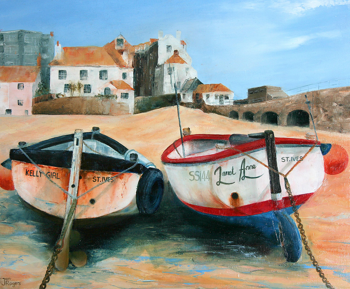 Two small fishing boats in St Ives harbour. Original oil painting by Jan Rogers.