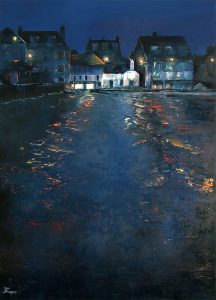 St Ives harbour at night. Original oil painting by Jan Rogers.