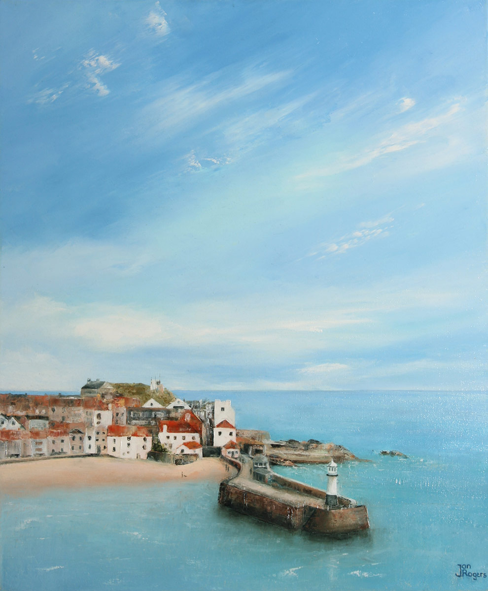Blue skies over St Ives. Original oil painting by Jan Rogers.