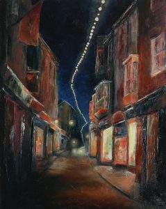 St. Ives by night. Original oil painting by Jan Rogers.
