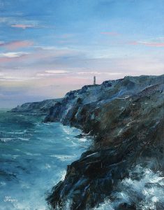 Haunting Cornish coastline at sunset. Original oil painting by Jan Rogers.