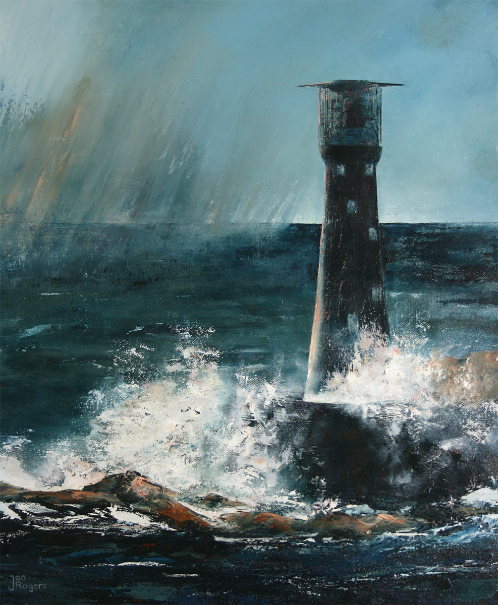Wolf Rock Lighthouse. Original oil painting by Jan Rogers.