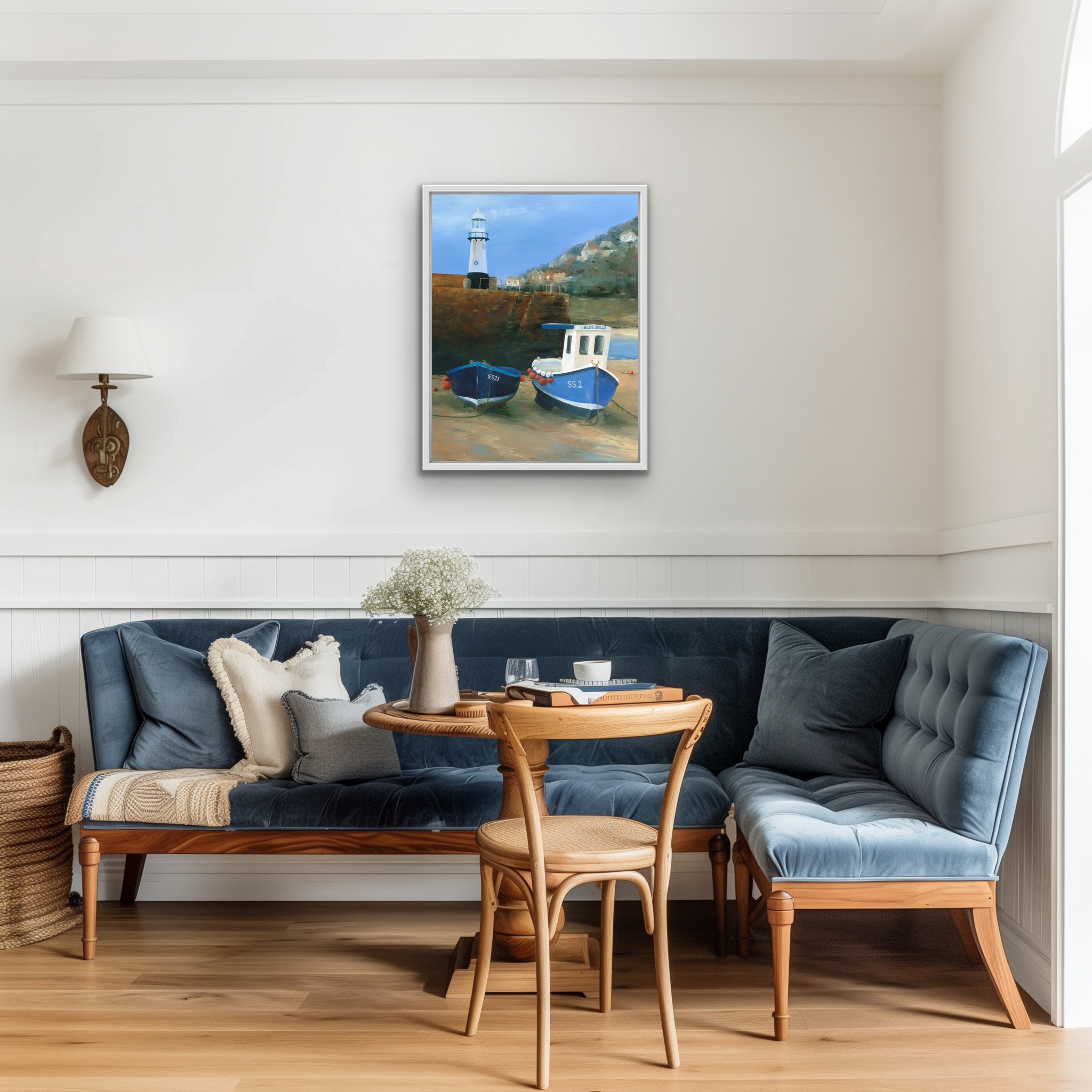 Blue Boats Near St. Ives Lighthouse. Original oil painting by Jan Rogers.