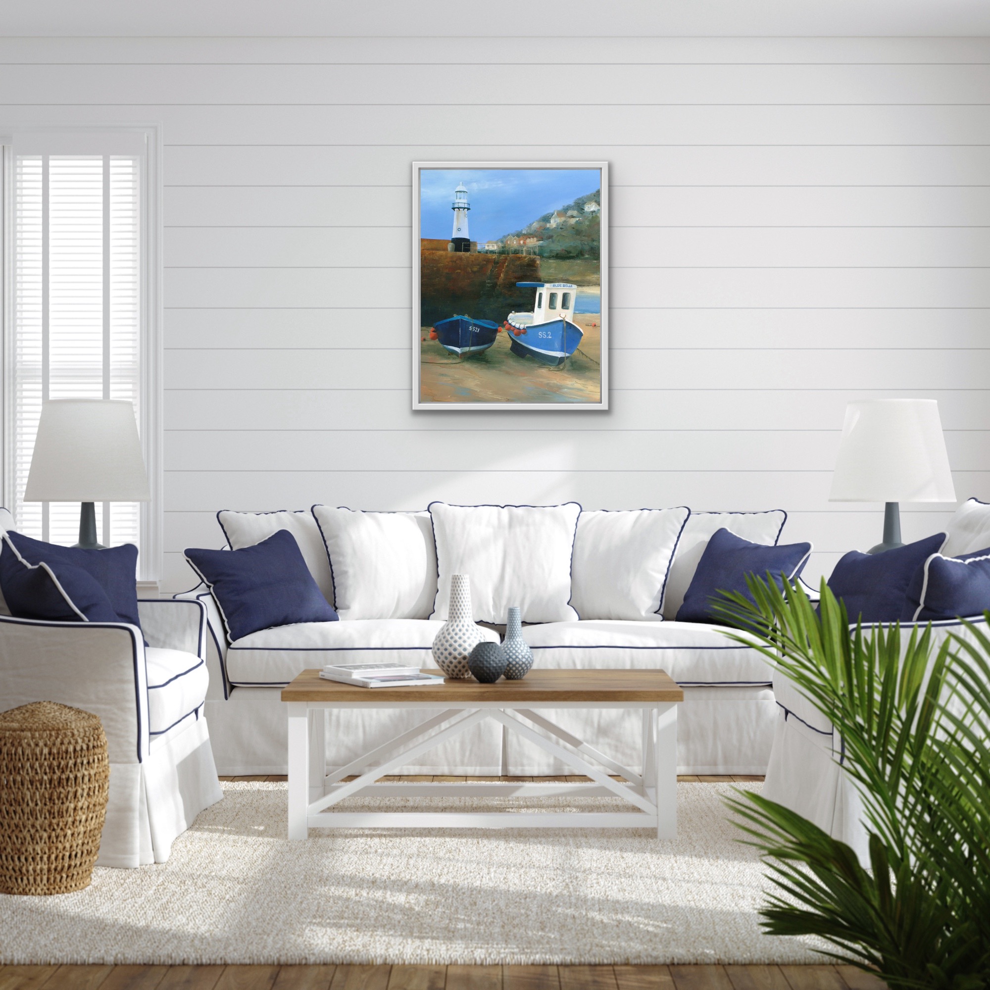 Blue Boats Near St. Ives Lighthouse. Original oil painting by Jan Rogers.