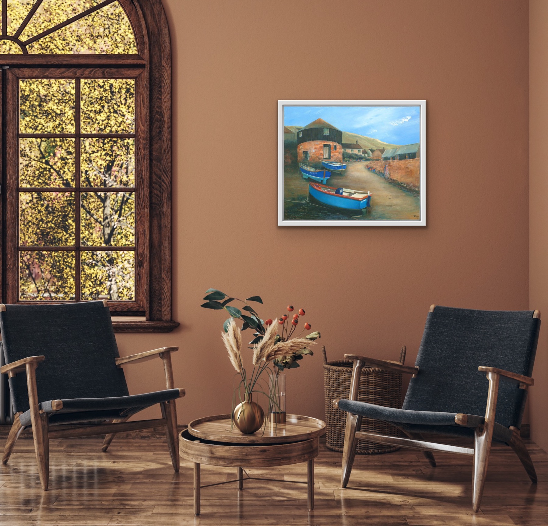 Sennen Cove Roundhouse. Original oil painting by Jan Rogers.